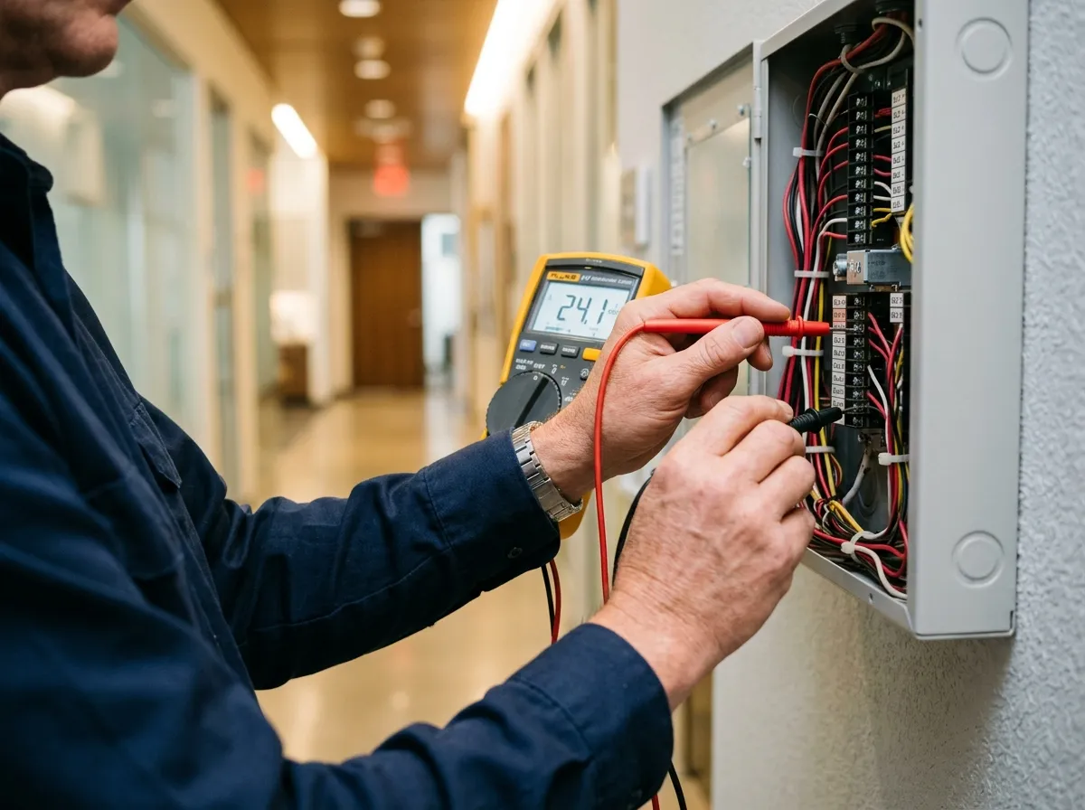 Engineer testing fire alarm wiring