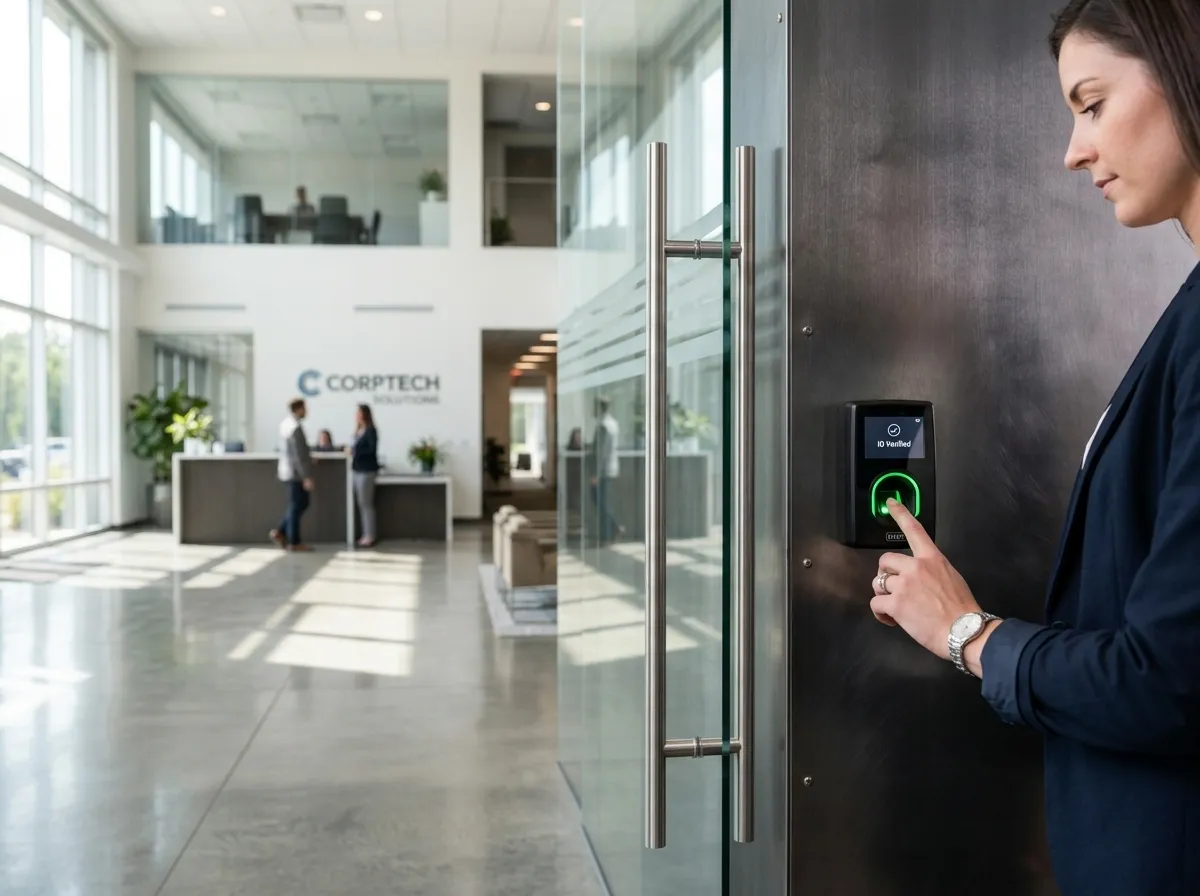 Biometric fingerprint scanner being used at an office entrance