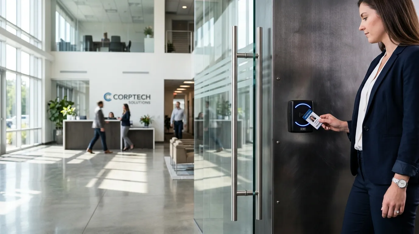 Woman using a proximity card to access a secure entrance at a commercial office building