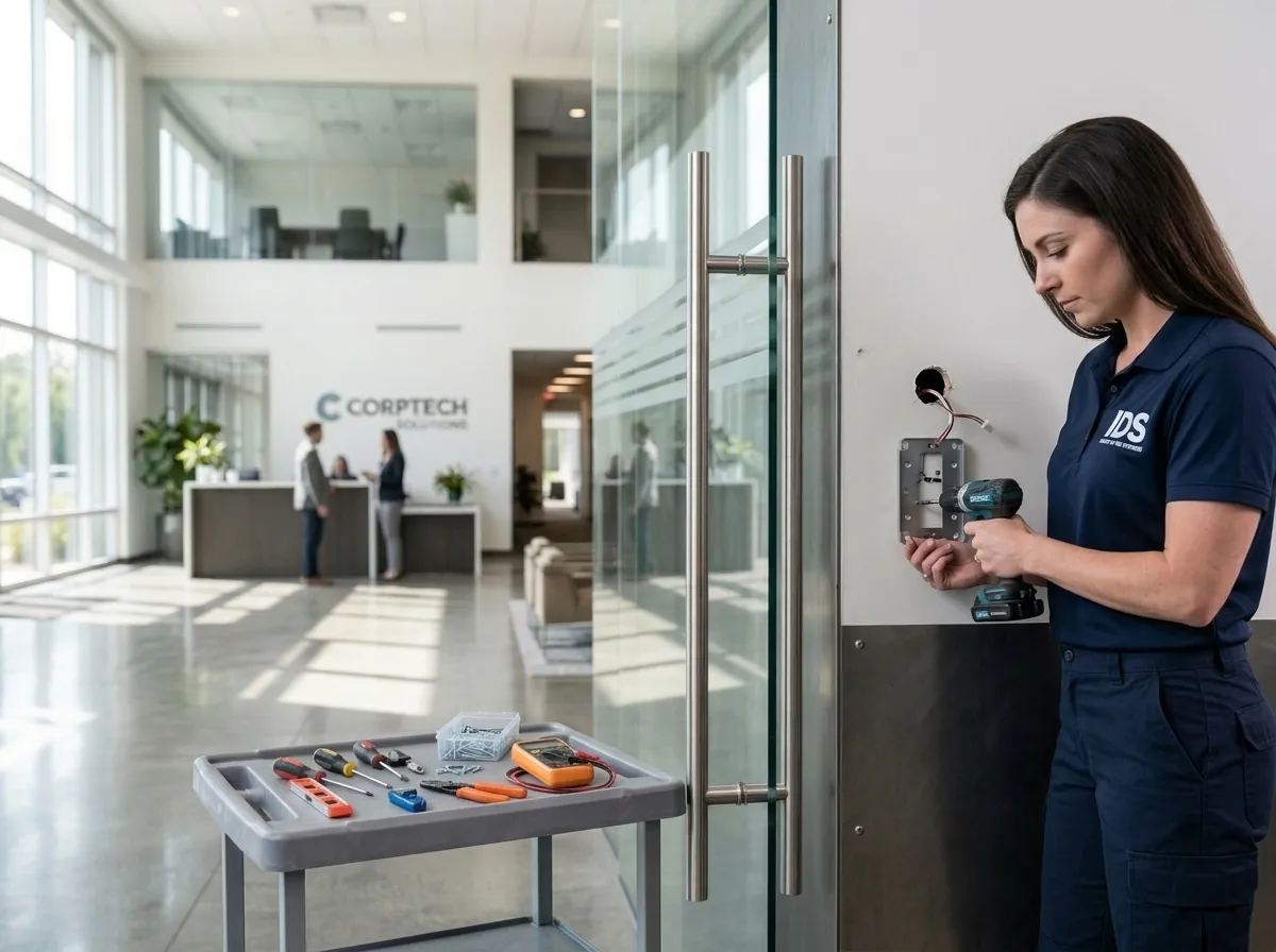IDS Global engineer installing an access control card reader at a commercial building entrance