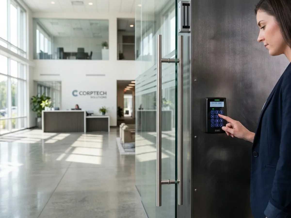 Keypad access control panel on a commercial building door