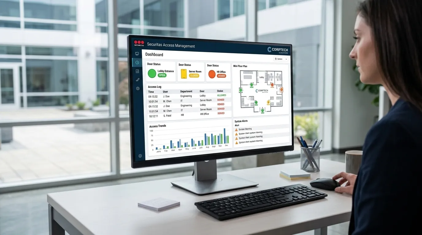 Access control management dashboard showing door status, access logs, and floor plan