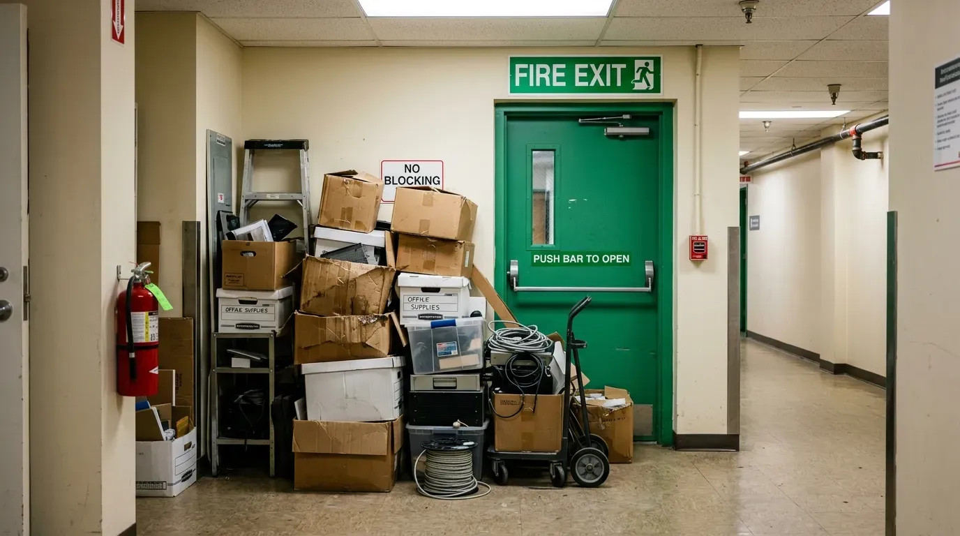Boxes and equipment blocking a fire exit door in a commercial building