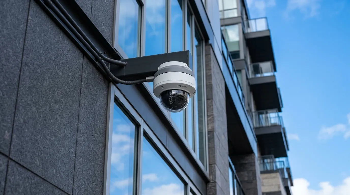 Modern dome CCTV camera mounted on the exterior of a commercial building