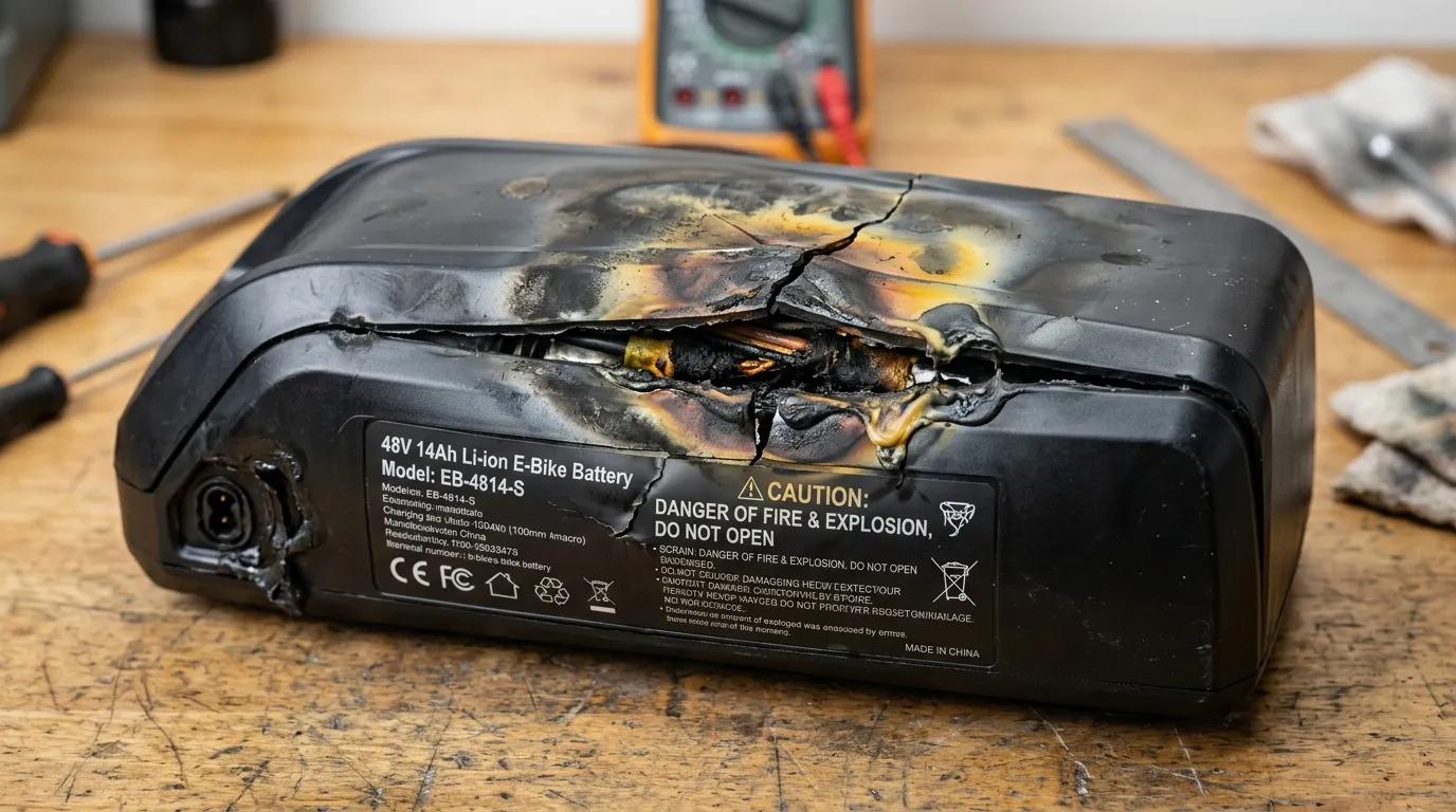A damaged lithium-ion e-bike battery with a warped and cracked casing, scorch marks, and signs of thermal runaway