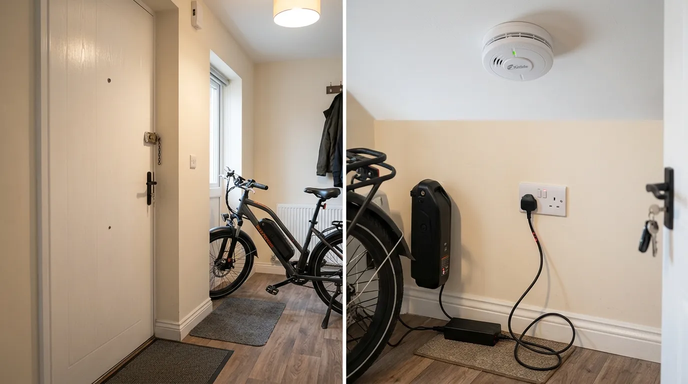 An e-bike charging in a residential flat hallway next to the front door, with a smoke detector visible on the ceiling above