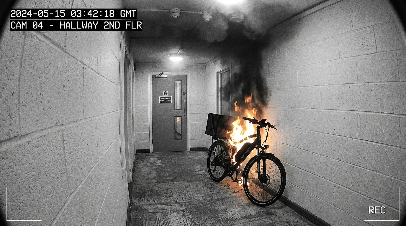 CCTV footage showing an e-bike battery fire in a residential building communal hallway, with flames and thick smoke filling the corridor