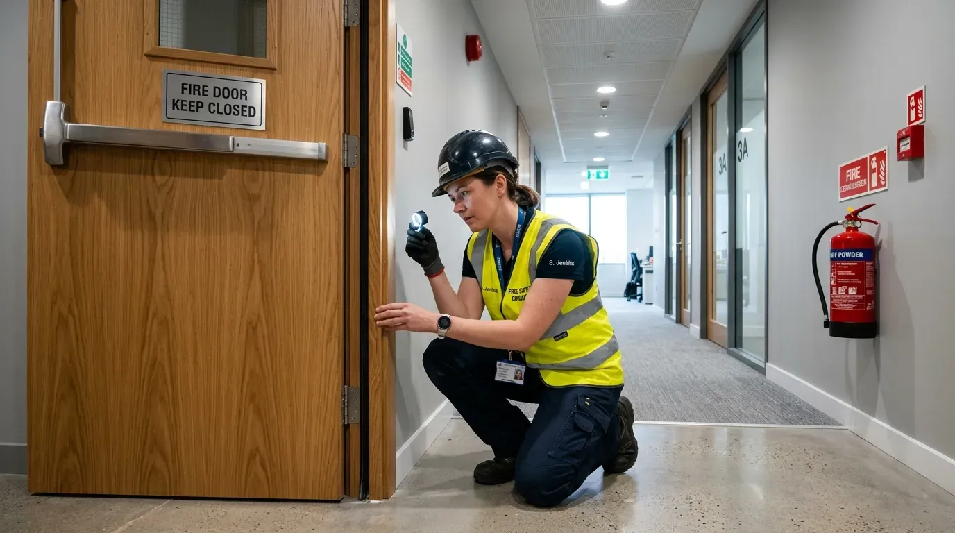 Fire safety inspector checking a fire door closer mechanism