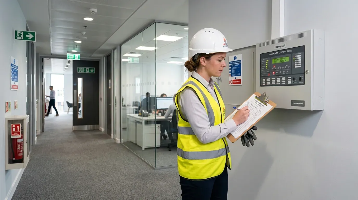 Fire safety assessor inspecting a fire alarm panel in a commercial office building