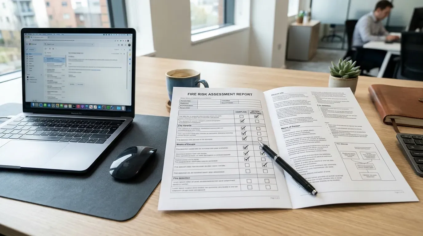 Fire risk assessment report on an office desk