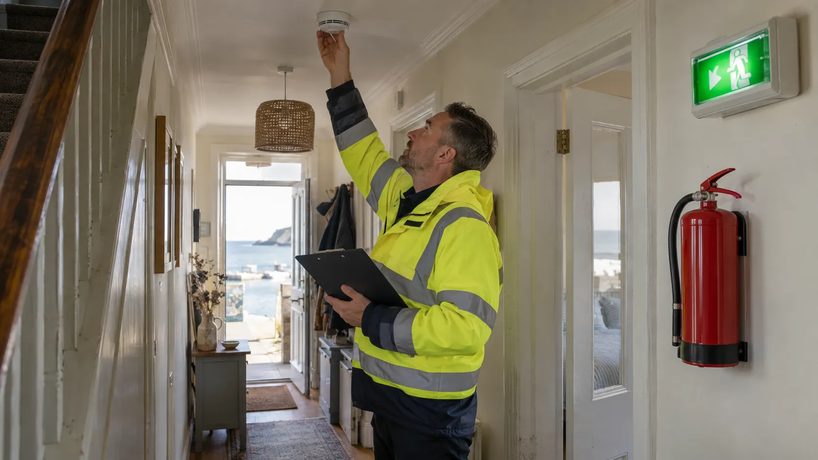 A fire safety inspector in a hi-vis jacket checking a ceiling-mounted smoke alarm in the hallway of a holiday-let property, with a fire extinguisher and emergency exit sign nearby