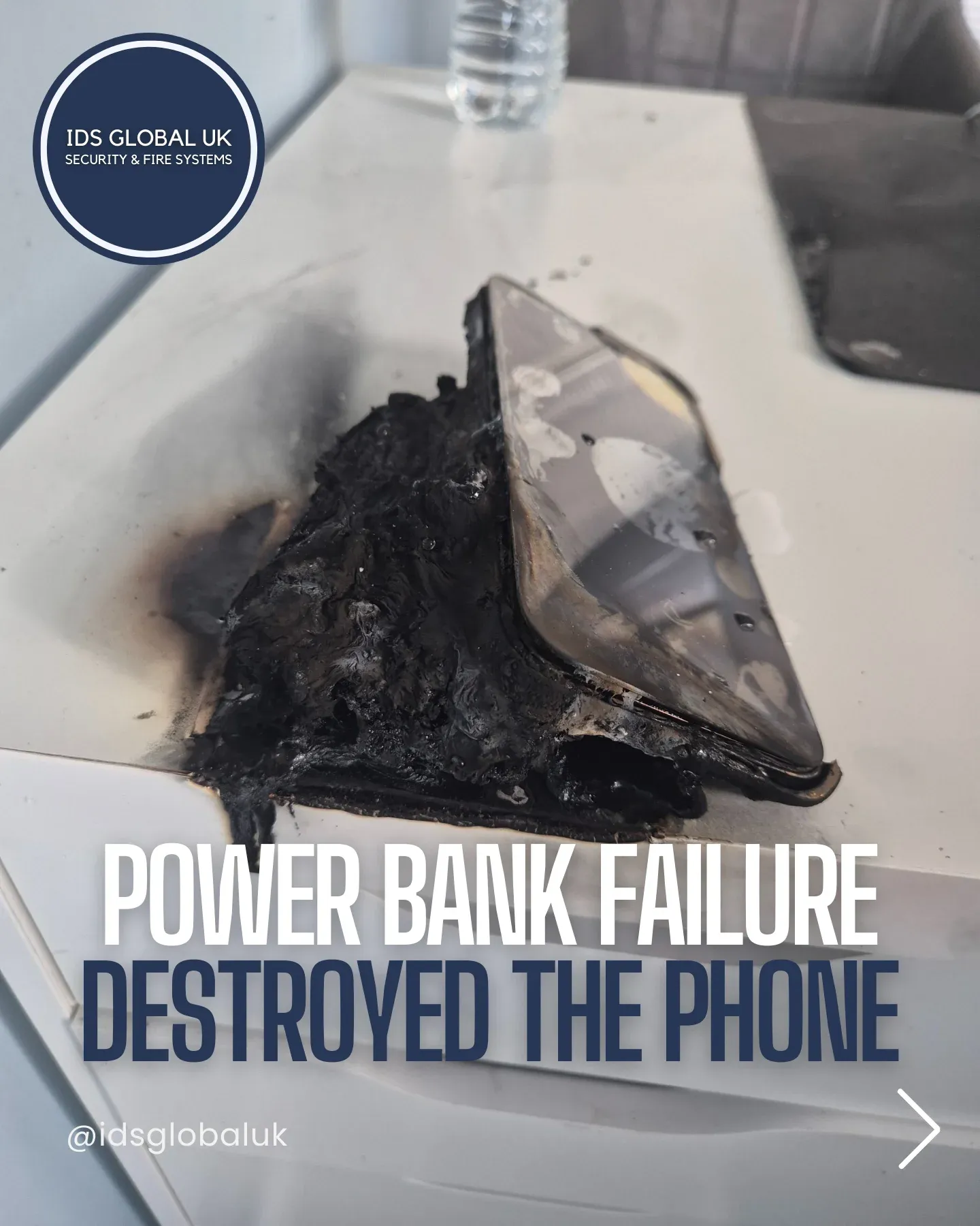 Power bank explosion damage at IDS Global office in Hayes