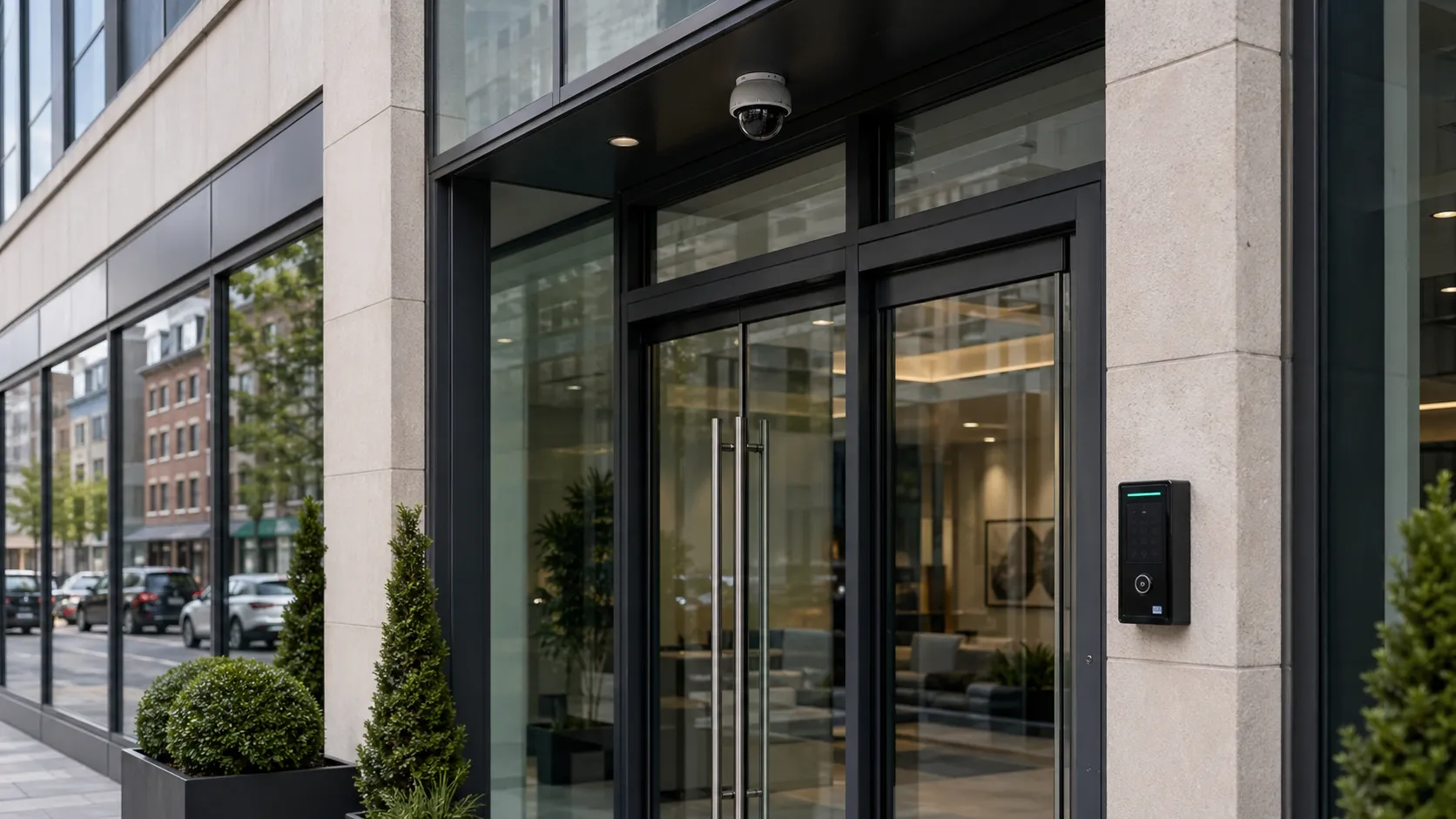 Commercial building entrance protected by CCTV cameras and access control