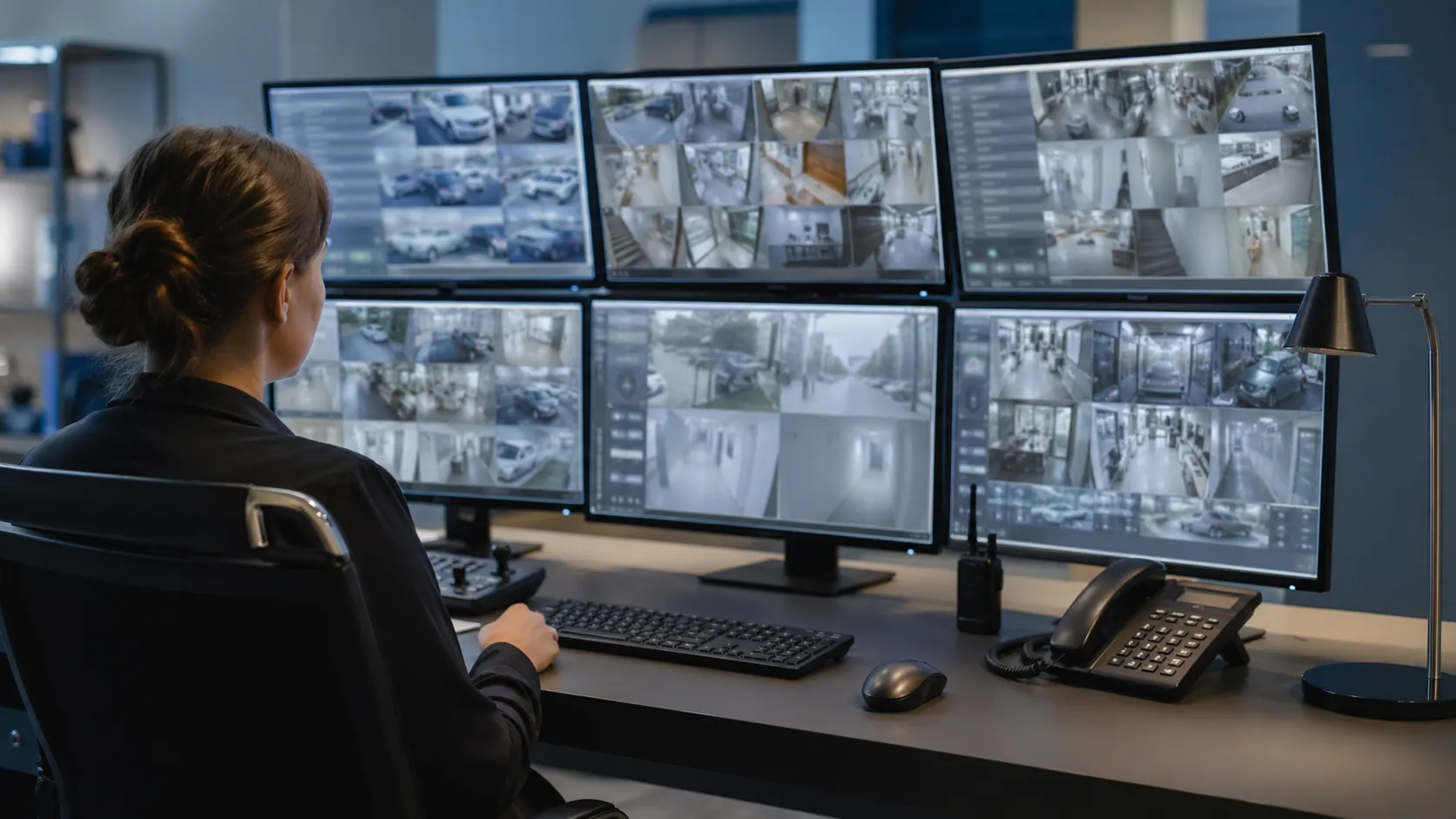 Security control room with multiple CCTV monitoring screens showing camera feeds from a commercial premises