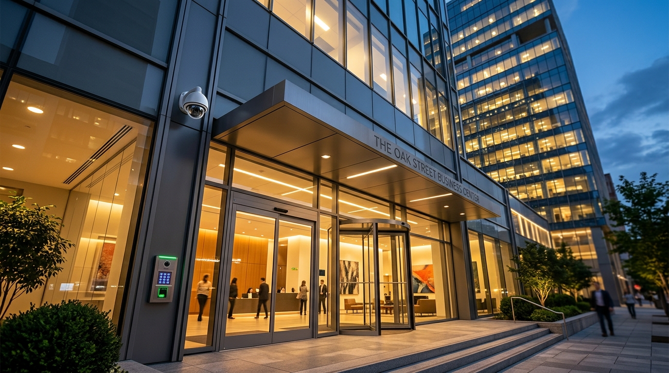 Commercial building entrance with CCTV and access control