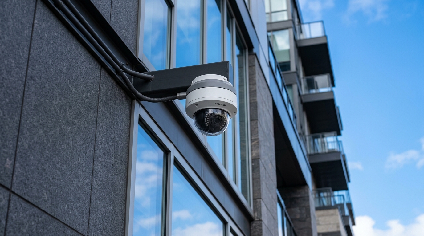 Modern dome CCTV camera mounted on the exterior of a commercial building