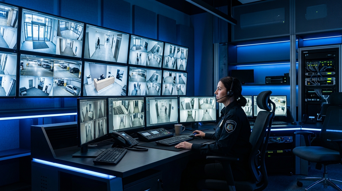 Security control room with CCTV monitoring screens