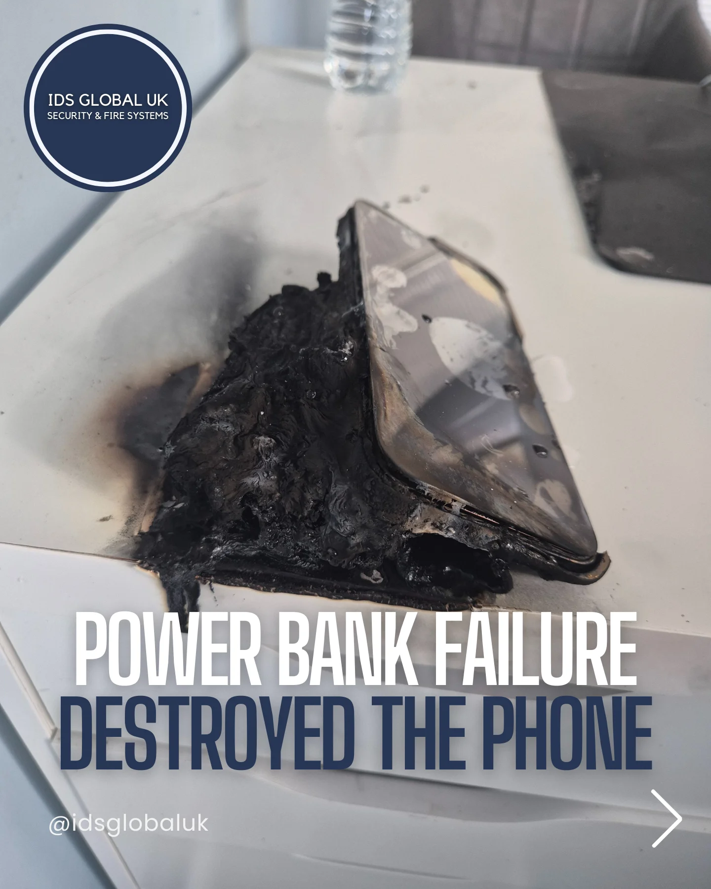 Power bank explosion damage at IDS Global office in Hayes